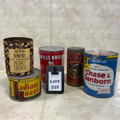 -221- VINTAGE | Five Kitchen Tins | Coffee | Baking Powder