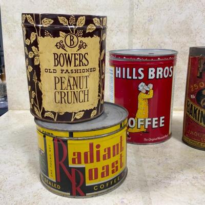 -221- VINTAGE | Five Kitchen Tins | Coffee | Baking Powder
