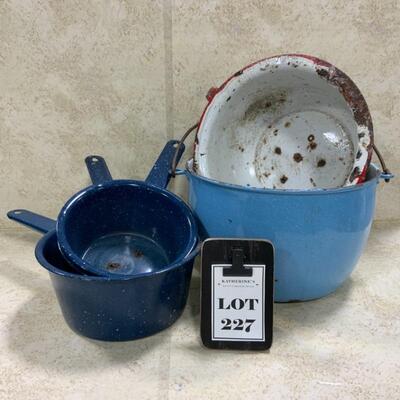 -227- FARM FRESH | 5 Graniteware Planters | Drainage Holes!