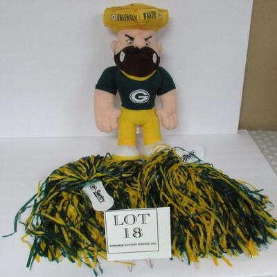 1990s GB Packers Plush Guy and Set of 2 Advertising PomPoms