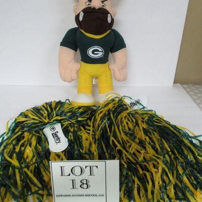 1990s GB Packers Plush Guy and Set of 2 Advertising PomPoms