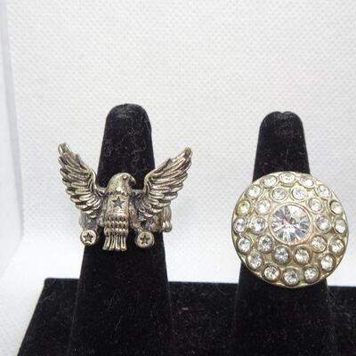 5 Misc Adjustable Costume Rings, Eagle, Rhinestone Blue Rhinestone, Lions Head, Blue Rhinestone 