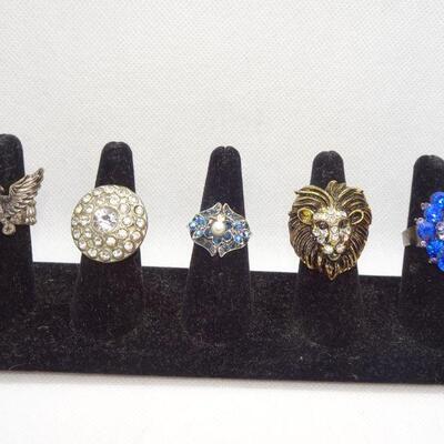 5 Misc Adjustable Costume Rings, Eagle, Rhinestone Blue Rhinestone, Lions Head, Blue Rhinestone 