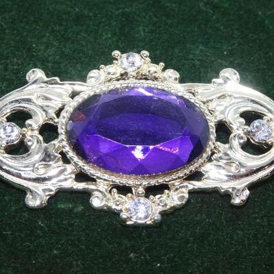 Amethyst Colored Silver Tone Victorian Style Brooch 