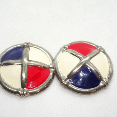 Patriotic Red, White Blue Disc Clip Earrings 