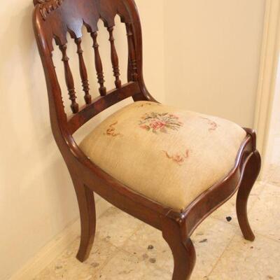 Lot #9: Vintage Wooden Carved Chair with Embroidered Seat