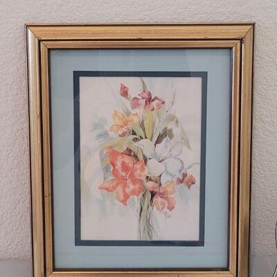 Lot 54: Music Box Stained Glass Framed Floral Print & Gold Framed Floral Print