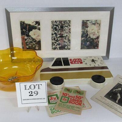 Misc Lot S&H Stamp Booklets, 1936 Dance Review Pamphlet, Hand Made Frito Lay Clock, Popcorn Bowl, Picture