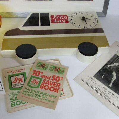 Misc Lot S&H Stamp Booklets, 1936 Dance Review Pamphlet, Hand Made Frito Lay Clock, Popcorn Bowl, Picture