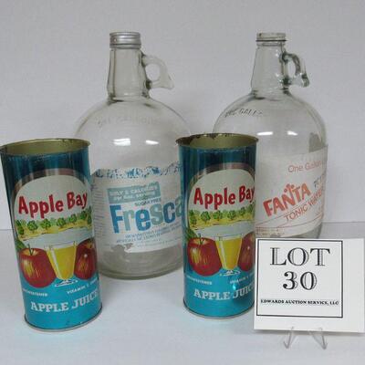 Vintage Gallon Jugs of Fresca & Fanta, 2 Older Apple Bay Advertising Cans