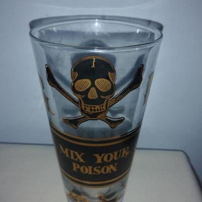 Vintage "Mix Your Poison"  Bar Glass and Skull Swizzle Sticks by Georges Briard 