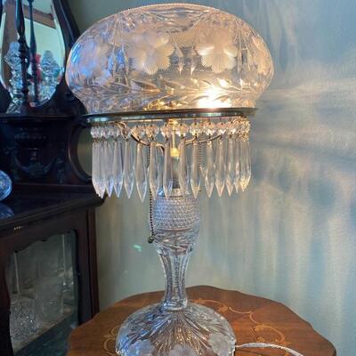 Antique Mushroom Dome Cut Etched Crystal Table Lamp w/ Hanging Crystal Shards Lustres