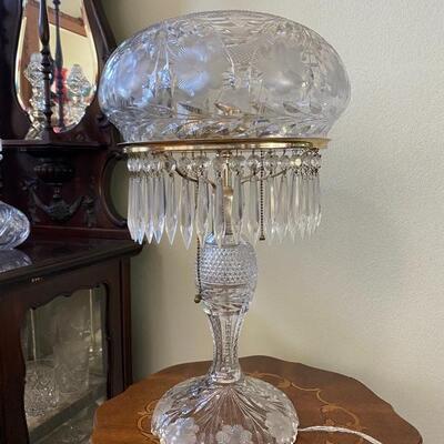 Antique Mushroom Dome Cut Etched Crystal Table Lamp w/ Hanging Crystal Shards Lustres