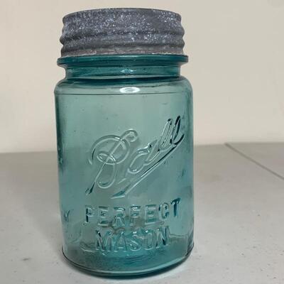 Set of (10) Vintage Blue Mason Jars with Lids