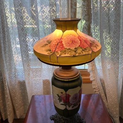 Antique Green Floral Glass Success Table Lamp 3 Way Lighting 