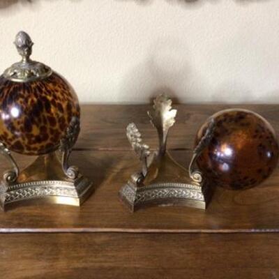 281 - Pair of Bombay Blown Glass Orbs w/ Brass Stands
