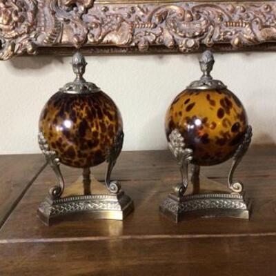 281 - Pair of Bombay Blown Glass Orbs w/ Brass Stands