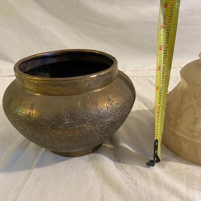 Decorative brass bowl and 2 vintage glass lamp shades