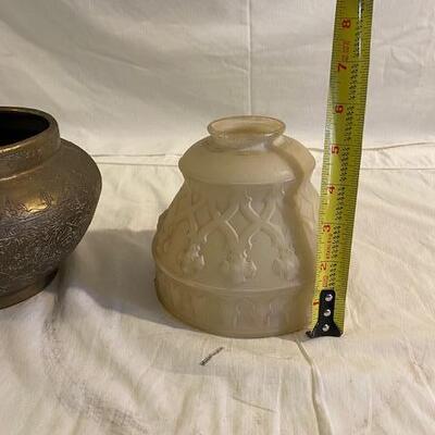 Decorative brass bowl and 2 vintage glass lamp shades