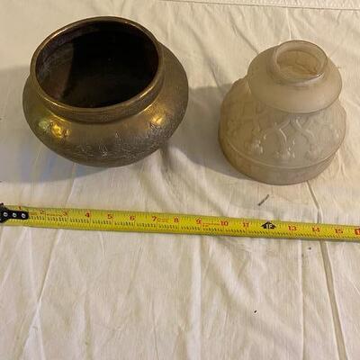 Decorative brass bowl and 2 vintage glass lamp shades