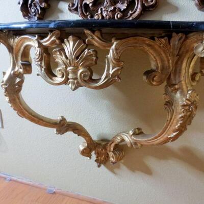 299 - Gold Gilt Wall Shelf w/ Marble Top Sconce