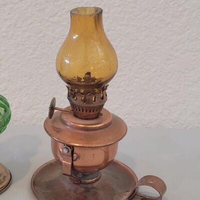 Lot 75: Small Oil Lamps - Brass with Green Glass & Copper with Amber Glass
