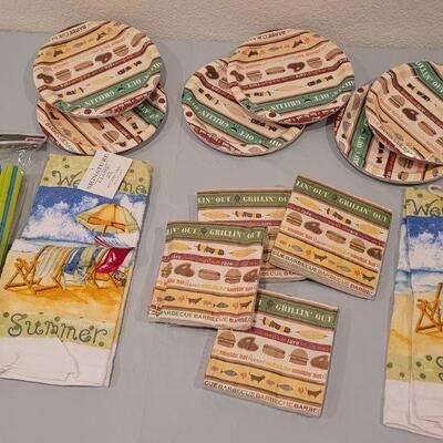 Lot 97: Summer Hand towels and Disposable Cookout Plates, Napkins & Straws