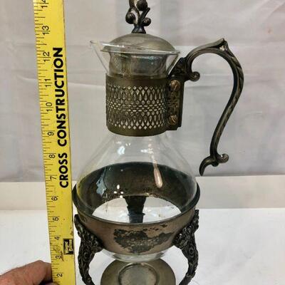 Antique Vintage Silver Plate & Glass Carafe Pitcher Candle Warmed