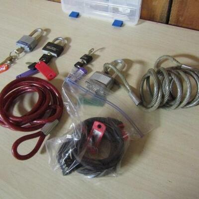 Miscellaneous Padlocks (With Keys), Bike Lock Cables, and Plastic Key Storage Box