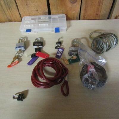 Miscellaneous Padlocks (With Keys), Bike Lock Cables, and Plastic Key Storage Box