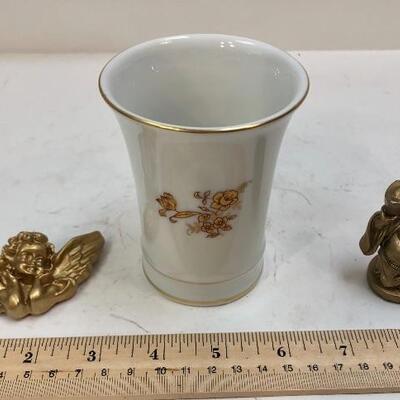 Gold Gilt decor lot, gold leaf rimmed porcelain drinking glass, Cherub / Putti Angel