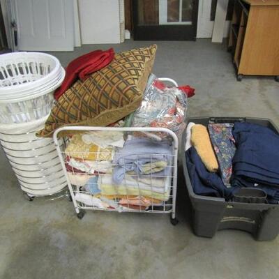Collection of Linens, Laundry Baskets, Rolling Basket, Etc.- Please See All Pictures