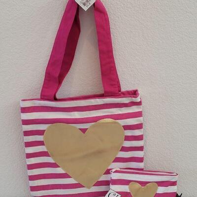 Lot 181: New Pink & White Stripe with Gold Heart Tote & Matching Pouch