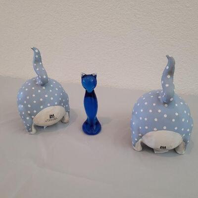 Lot 209: Blue Glass Cat (Unmarked Fenton) and 2 Polka Dot Cats