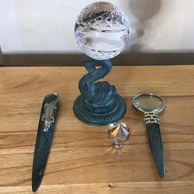 K137 - Lead Crystal Ball w/ Koi Fish Stand & Letter Opener Set