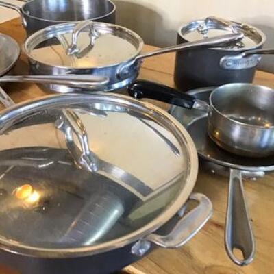 K143 - 10 Pc Lot - All Clad Pots & Pans + Revere Saucer Pot 