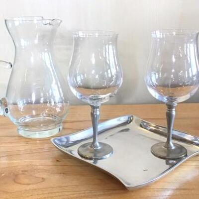K152 - Mikasa Aluminum Dish, Princess House Pitcher & 2 Wine Glasses 