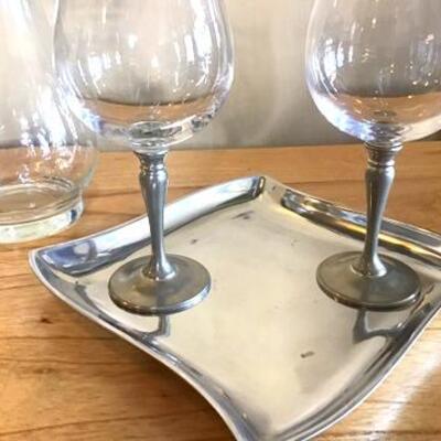 K152 - Mikasa Aluminum Dish, Princess House Pitcher & 2 Wine Glasses 