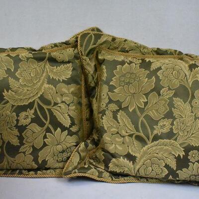 5 Pillows and Bedskirt, Green & Gold, One Pillow Mismatched -Button Missing