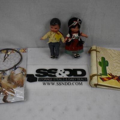 4 pc Souvenirs: 2 Dolls from Mexico, Wooden Painted Blank Book, & Dream Catcher