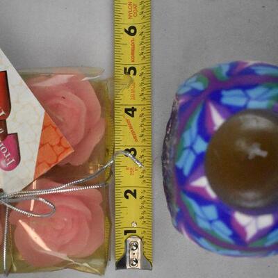 5pc Candles: Large Purple Candle, 4 Rose Scented Roses
