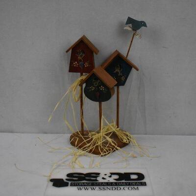 3 Wooden Birdhouses Decor: Red, Green, Blue - slightly dirty