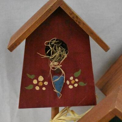 3 Wooden Birdhouses Decor: Red, Green, Blue - slightly dirty