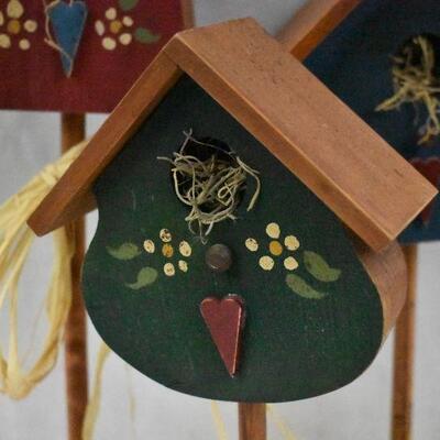 3 Wooden Birdhouses Decor: Red, Green, Blue - slightly dirty