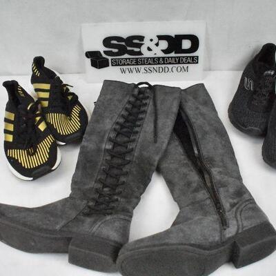 3 pairs Shoes: Black & Gold Adidas sz 8. Gray Boots sz 8.5, Black Sketchers sz 8
