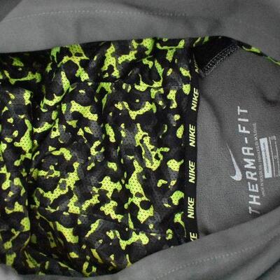 Nike Therma-Fit Hooded Sweatshirt, adult size Large. Gray, Black, Bright Green