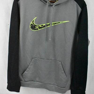 Nike Therma-Fit Hooded Sweatshirt, adult size Large. Gray, Black, Bright Green