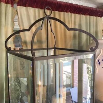 K177 - Wrought Iron Hanging Candle Lamp w/ Beveled Glass Panels
