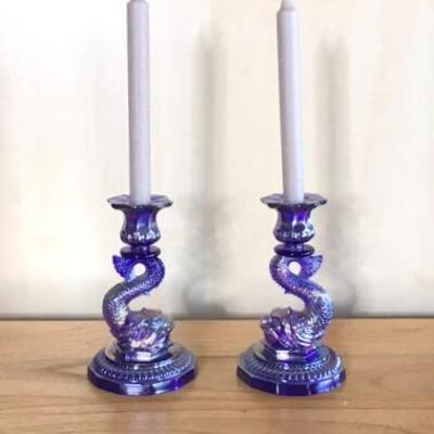 E104 - Pair of Fabulous Cobalt Blue/Purple Opalescent Candlesticks