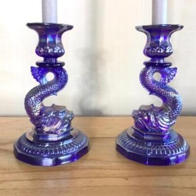 E104 - Pair of Fabulous Cobalt Blue/Purple Opalescent Candlesticks